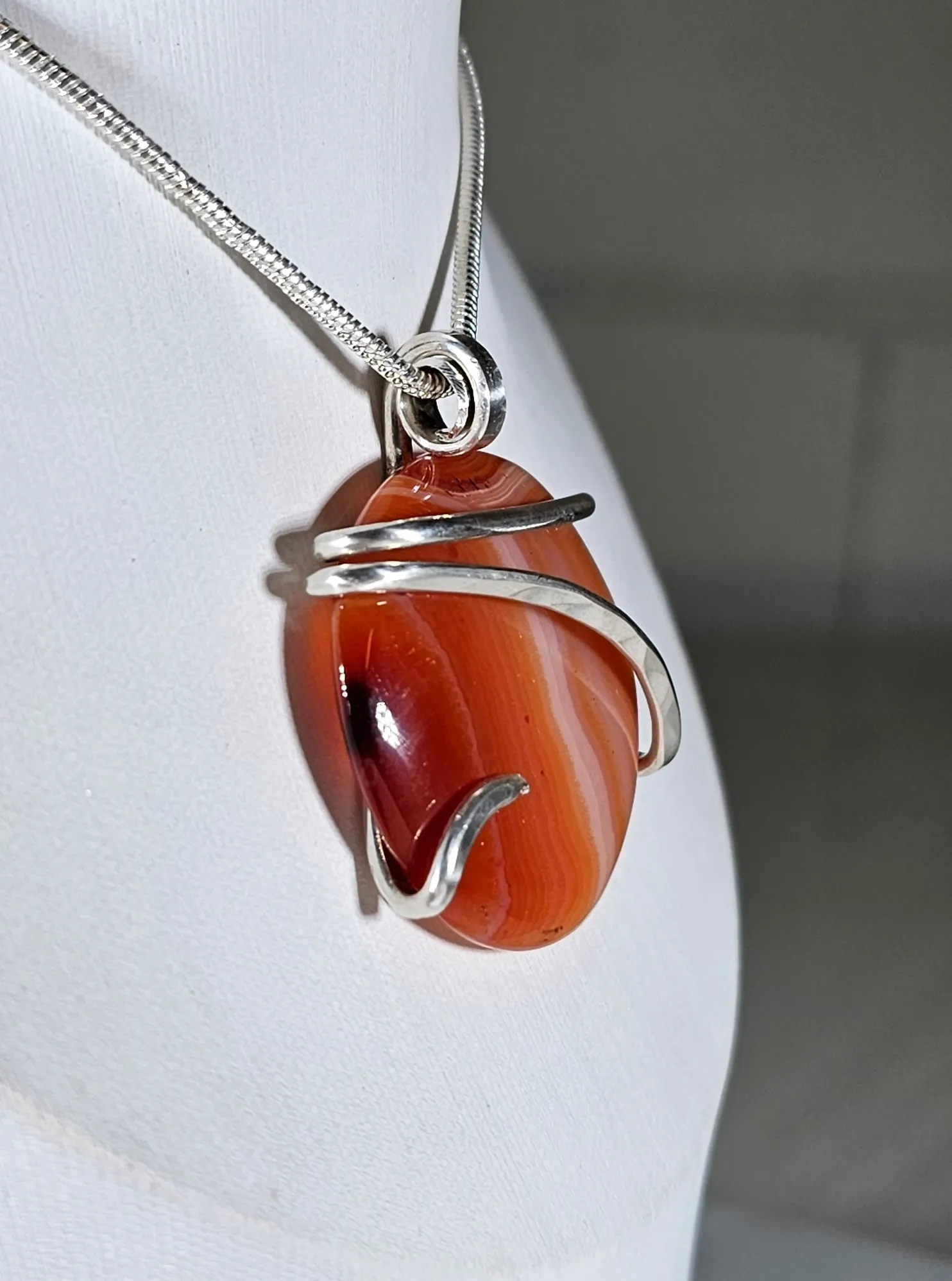 Carnelian Agate Handmade Stone Pendant Wrapped in Silver