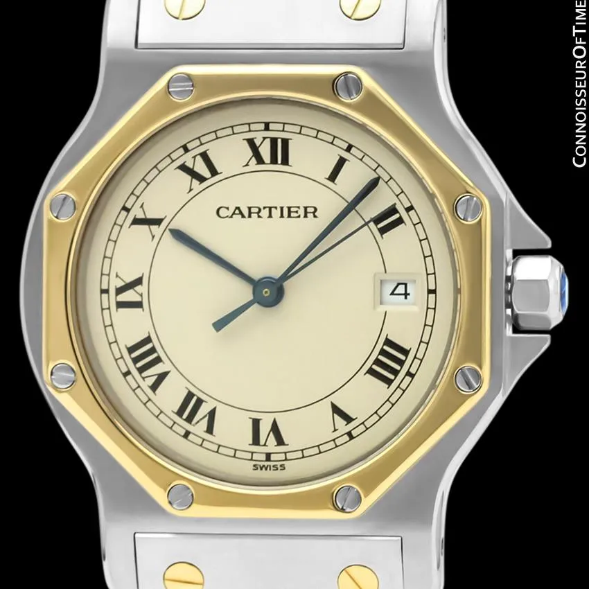 Cartier Santos Octagon Mens Midsize Unisex Quartz Watch - Stainless Steel & 18K Gold