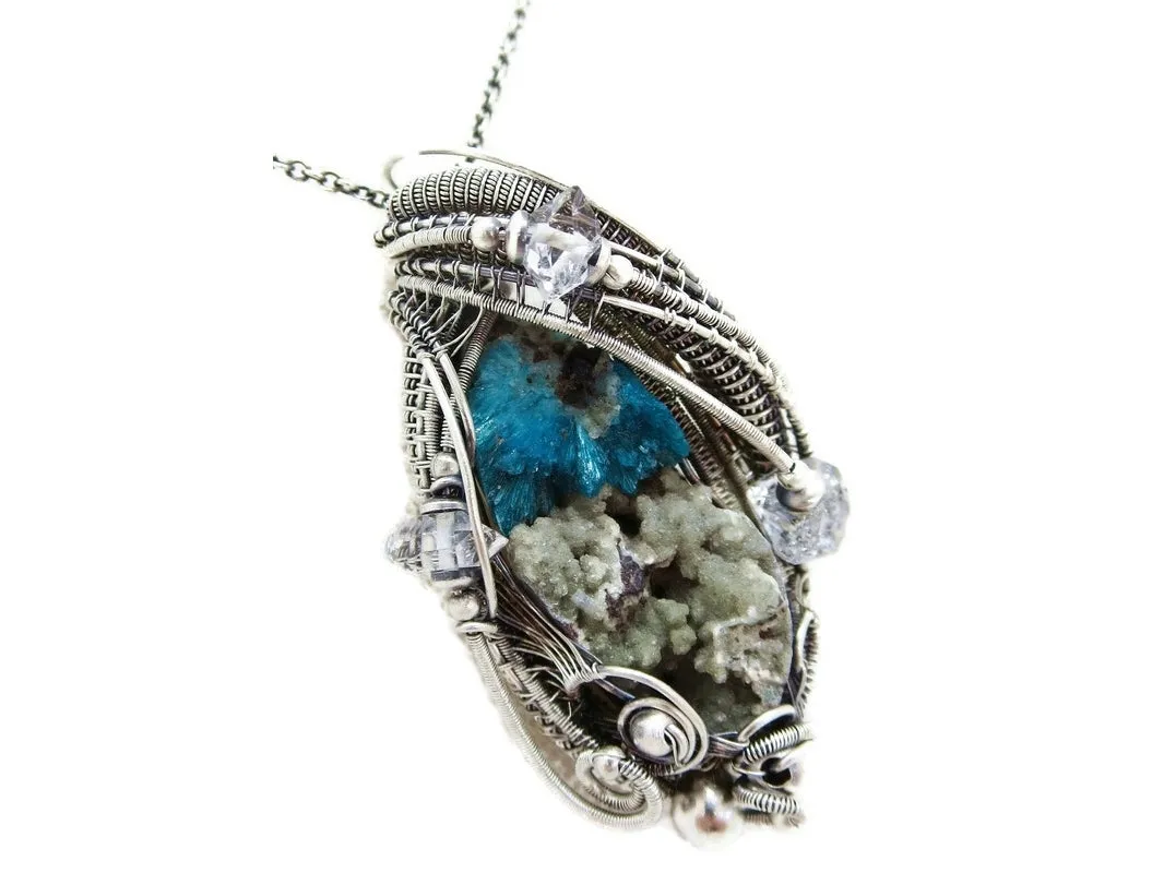 Cavansite in Stilbite Druzy Pendant, Wire-Wrapped in Sterling Silver with Herkimer Diamonds