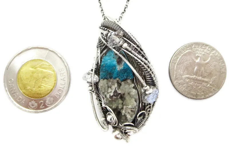 Cavansite in Stilbite Druzy Pendant, Wire-Wrapped in Sterling Silver with Herkimer Diamonds