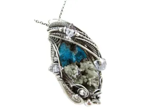 Cavansite in Stilbite Druzy Pendant, Wire-Wrapped in Sterling Silver with Herkimer Diamonds
