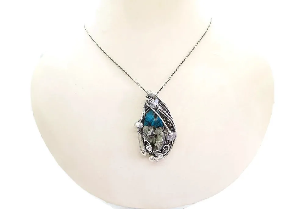 Cavansite in Stilbite Druzy Pendant, Wire-Wrapped in Sterling Silver with Herkimer Diamonds