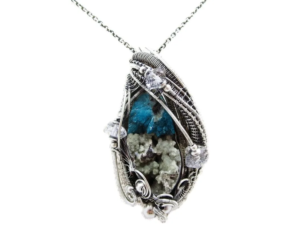 Cavansite in Stilbite Druzy Pendant, Wire-Wrapped in Sterling Silver with Herkimer Diamonds