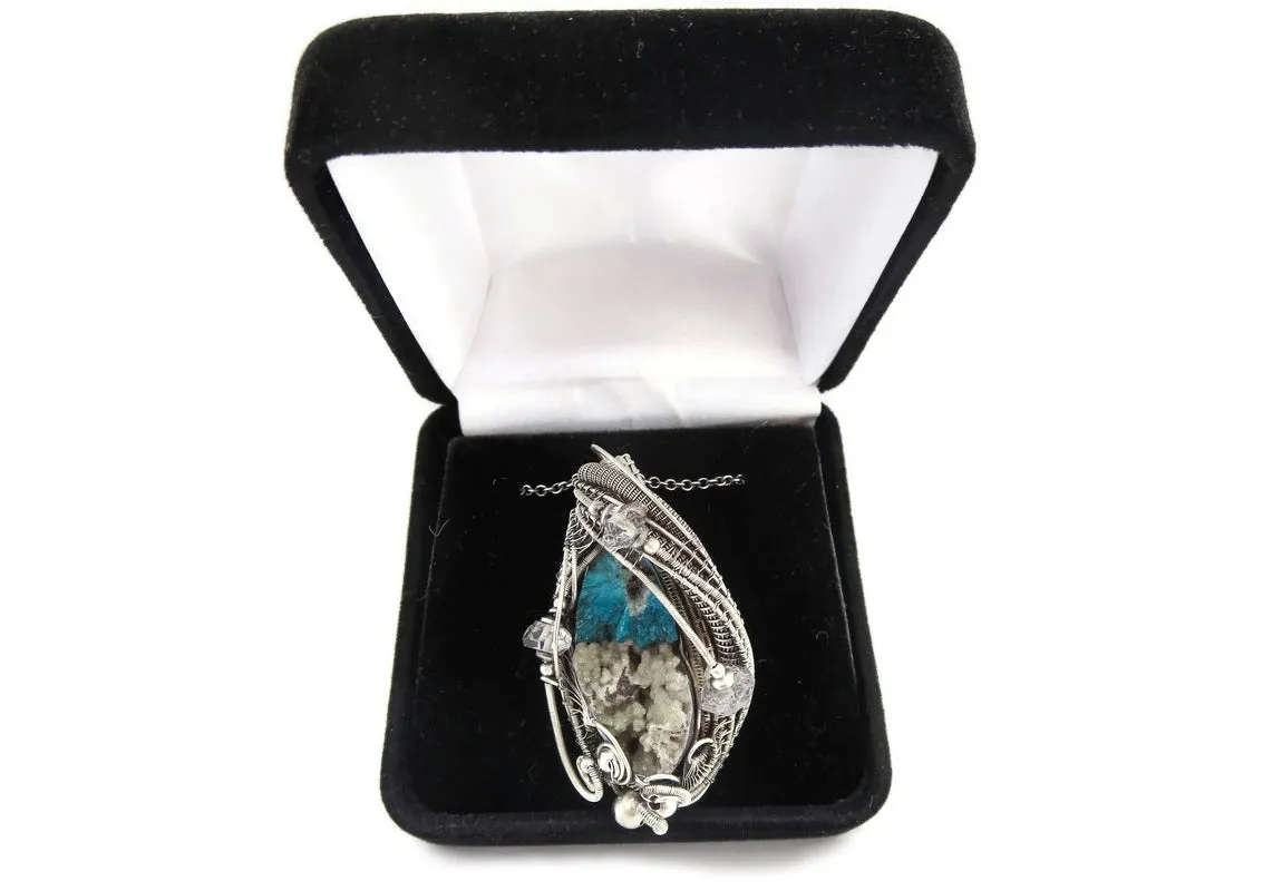 Cavansite in Stilbite Druzy Pendant, Wire-Wrapped in Sterling Silver with Herkimer Diamonds