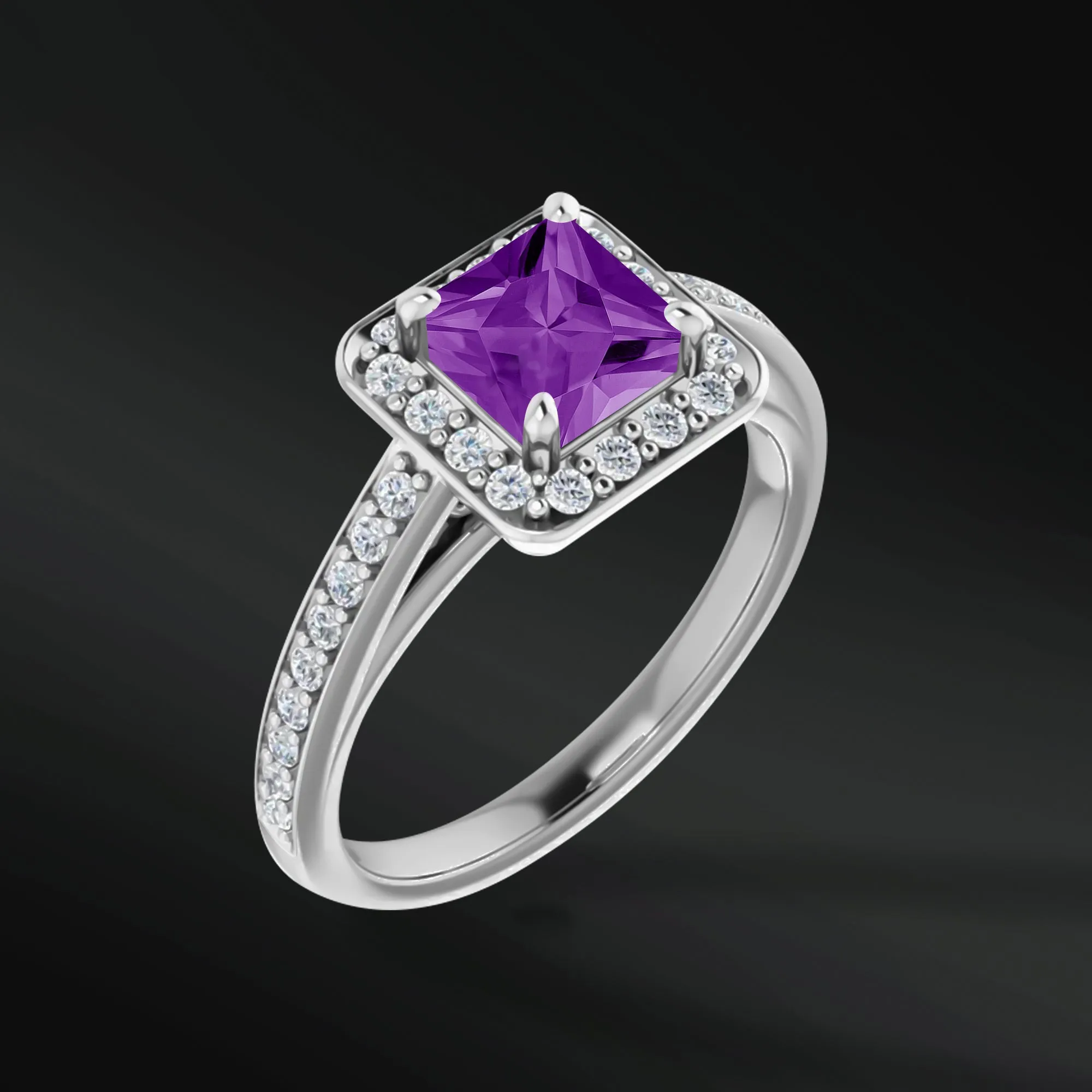 Celestial Radiance Set – 3PCS His & Her Wedding Ring Set | Natural Amethyst Engagement Ring With Natural Diamonds | Muonionalusta Meteorite and Purple Wood Wedding Bands