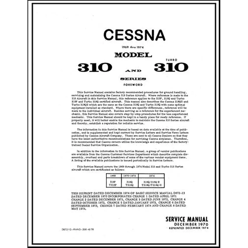 Cessna 310 & Turbo 310 1969-74 Maintenance Manual
