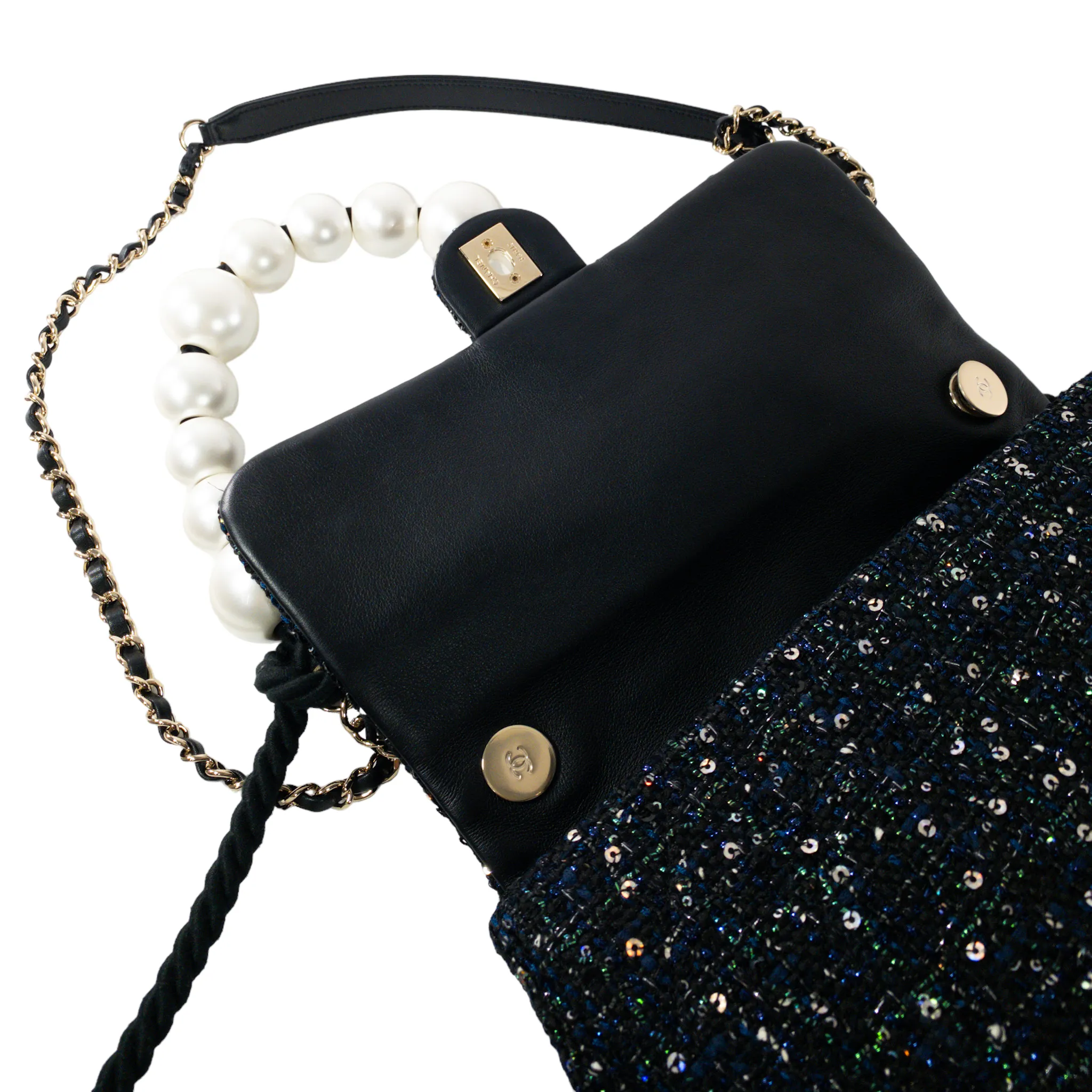Chanel Sequin Tweed Pearl Strap Flap Bag
