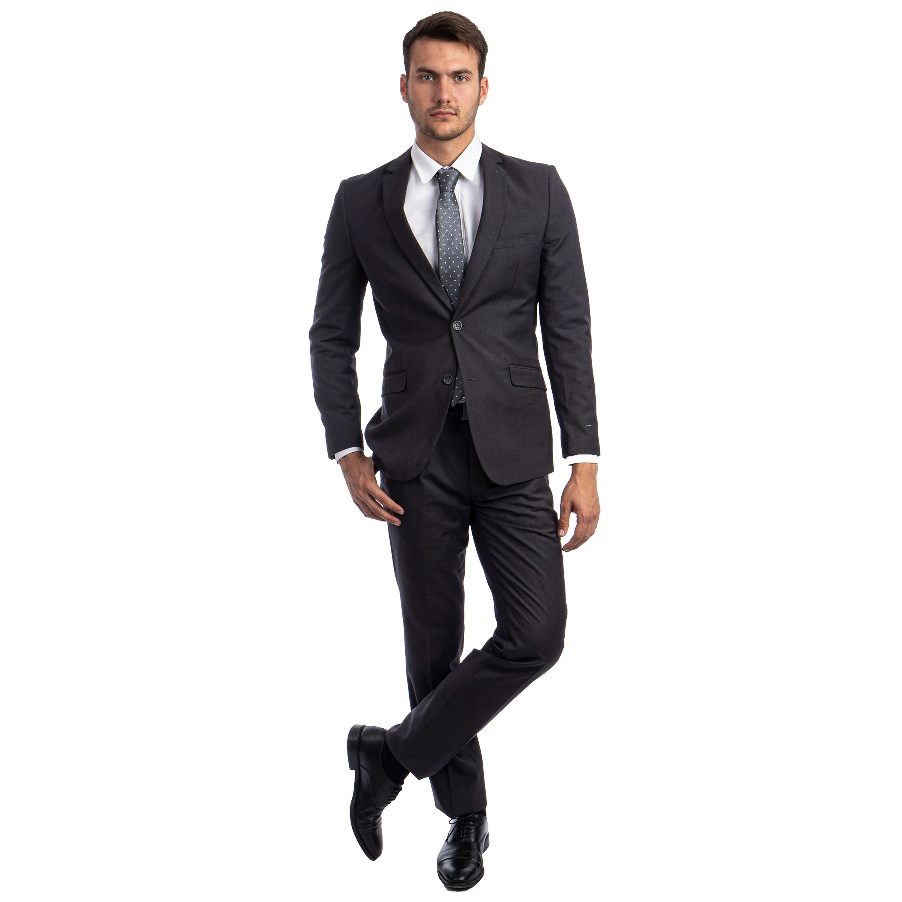 Charcoal Grey Men's Hybrid-Fit 3pc Paisley Suit w/ Wide Black Shawl Collar