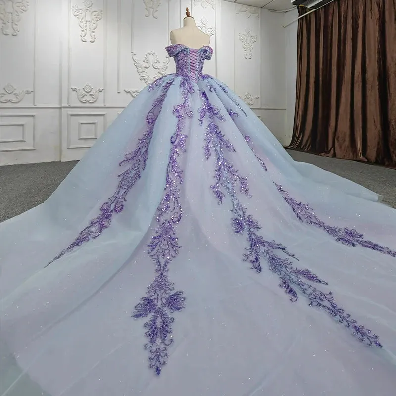 Charming Off-the-shoulder Prom Dresses Appliques Lace Up Ball Gown with Sequins