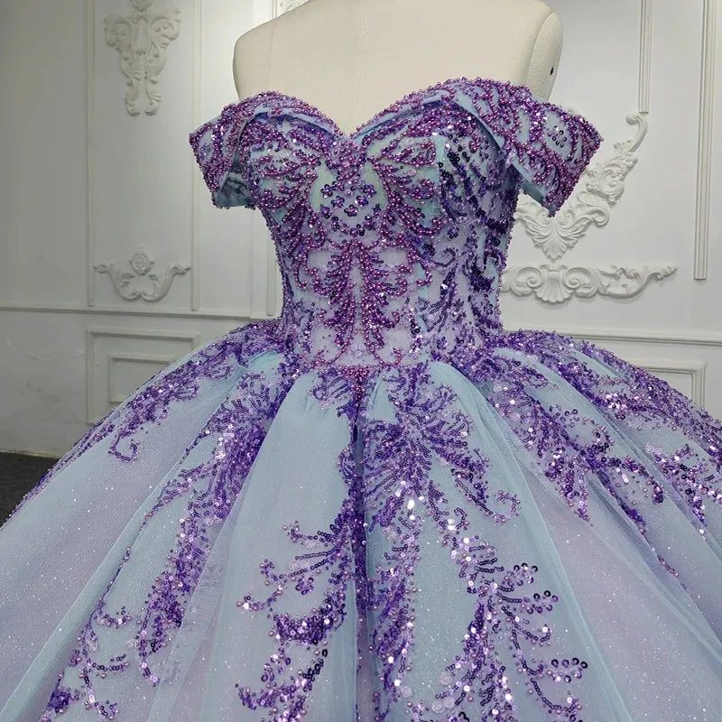 Charming Off-the-shoulder Prom Dresses Appliques Lace Up Ball Gown with Sequins