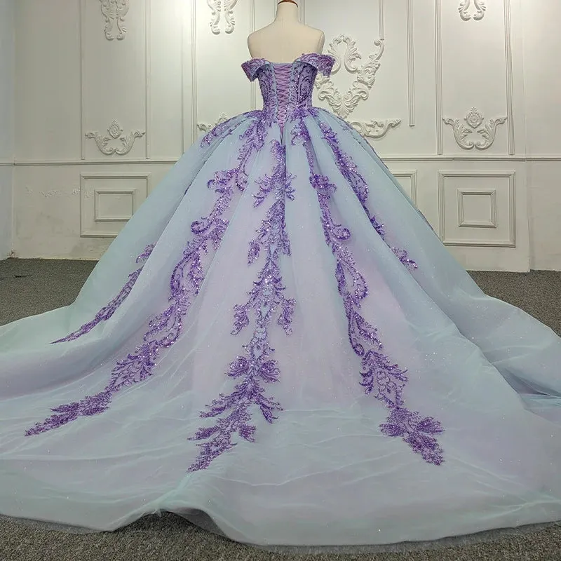 Charming Off-the-shoulder Prom Dresses Appliques Lace Up Ball Gown with Sequins