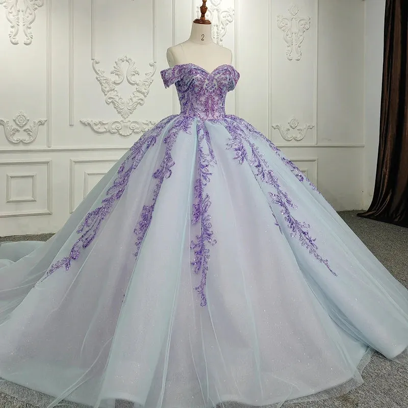 Charming Off-the-shoulder Prom Dresses Appliques Lace Up Ball Gown with Sequins