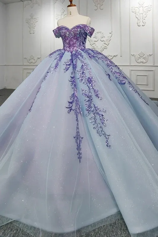 Charming Off-the-shoulder Prom Dresses Appliques Lace Up Ball Gown with Sequins
