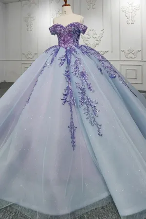 Charming Off-the-shoulder Prom Dresses Appliques Lace Up Ball Gown with Sequins