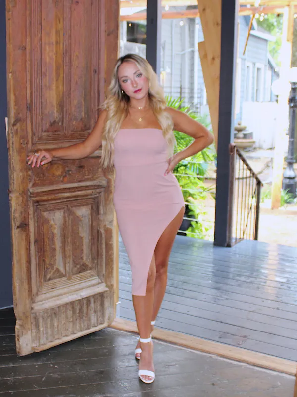 Cheers To Us Side Split Strapless Dress, Mauve