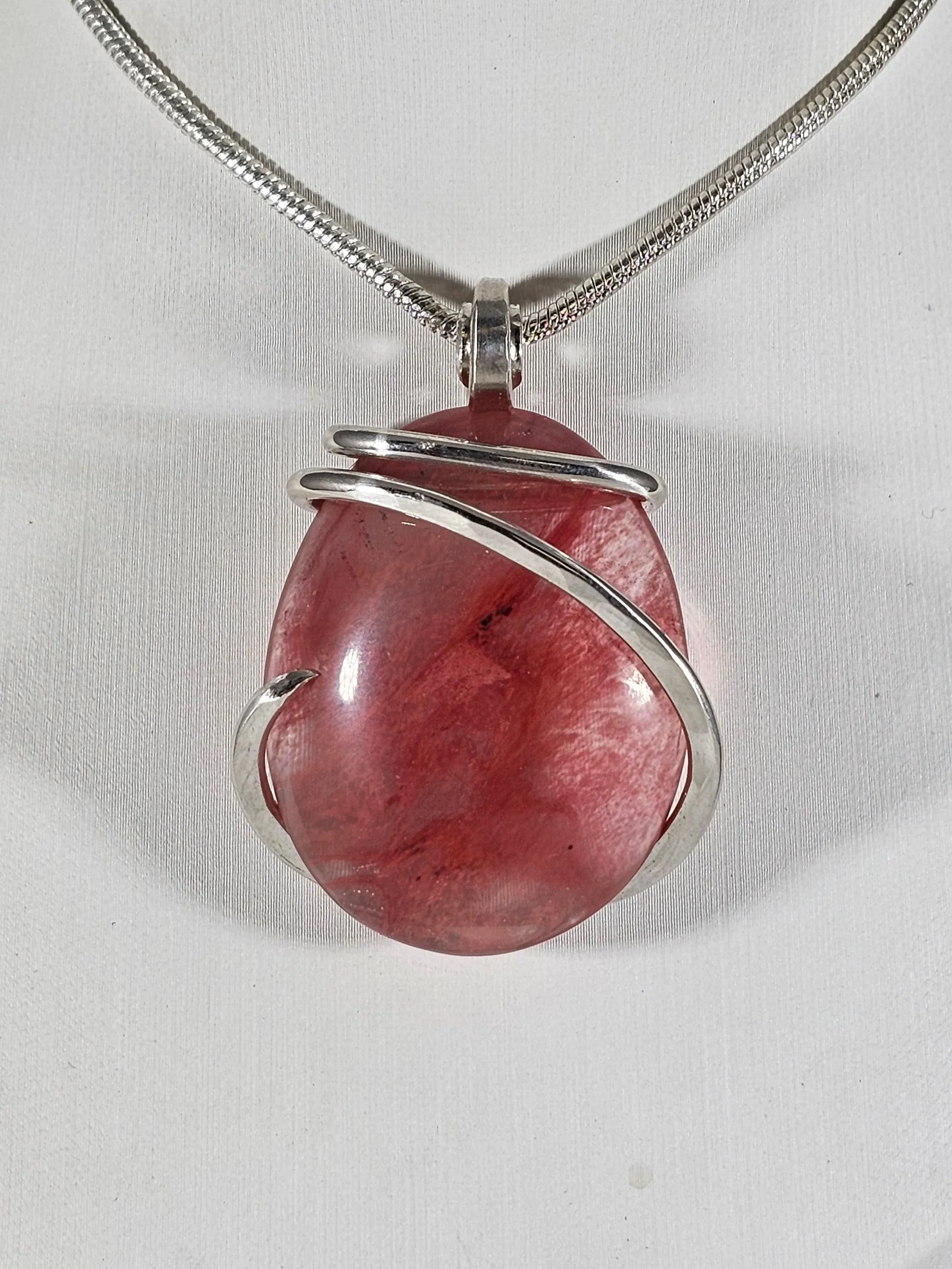 Cherry Quartz Handmade Crystal Pendant Wrapped in Silver