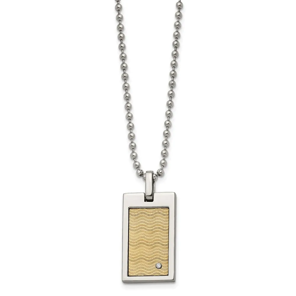 Chisel Stainless Steel Brushed and Polished with 18k Gold Accent .01carat Diamond Pendant on a 24 inch Ball Chain Necklace