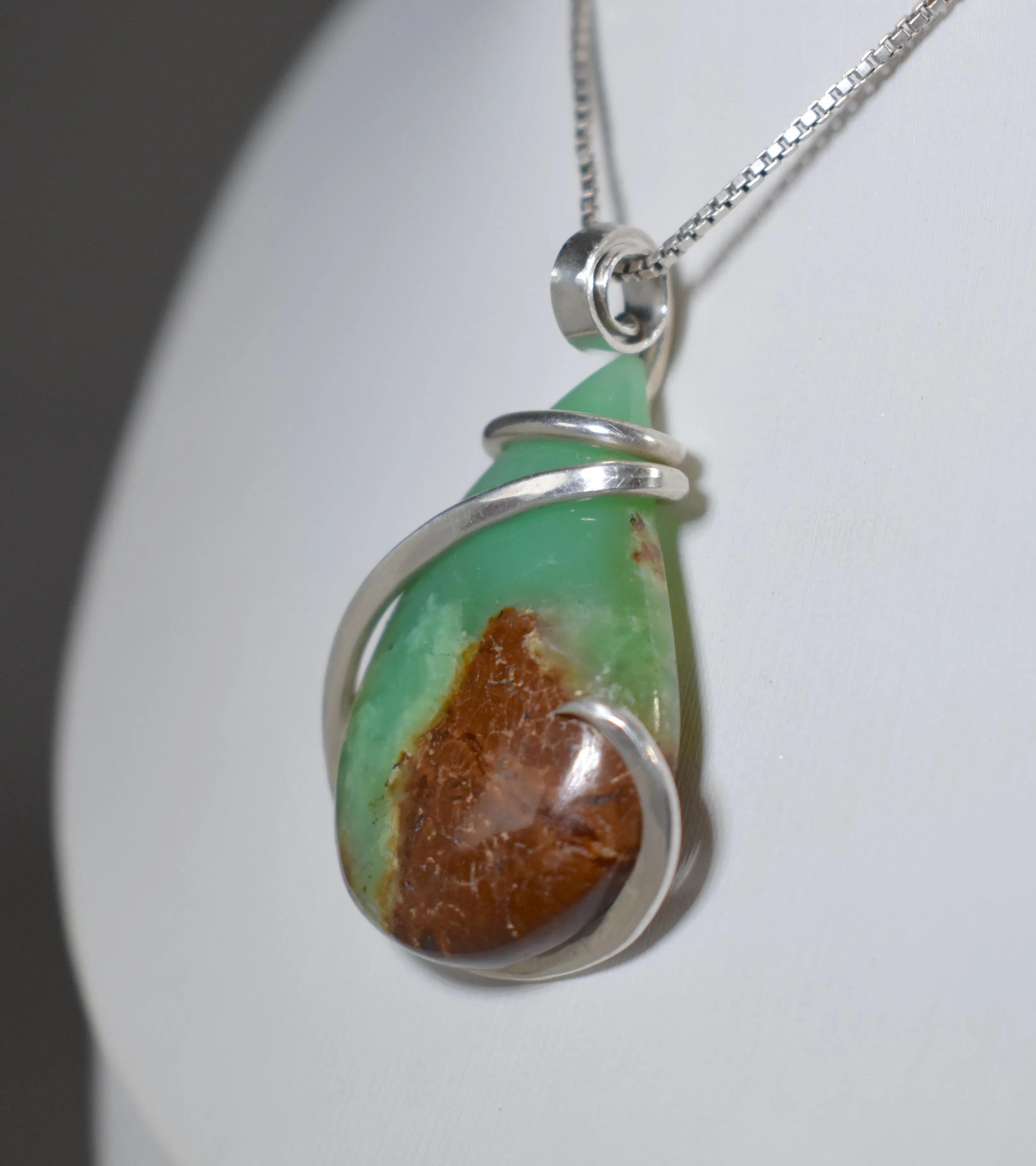 Chrysoprase Handmade Stone Pendant Wrapped in Silver
