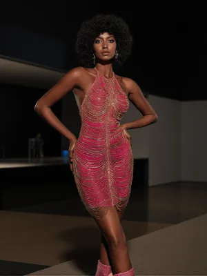 Cinzia Halterneck Diamond Chain Mesh Mini Dress In Hot Pink