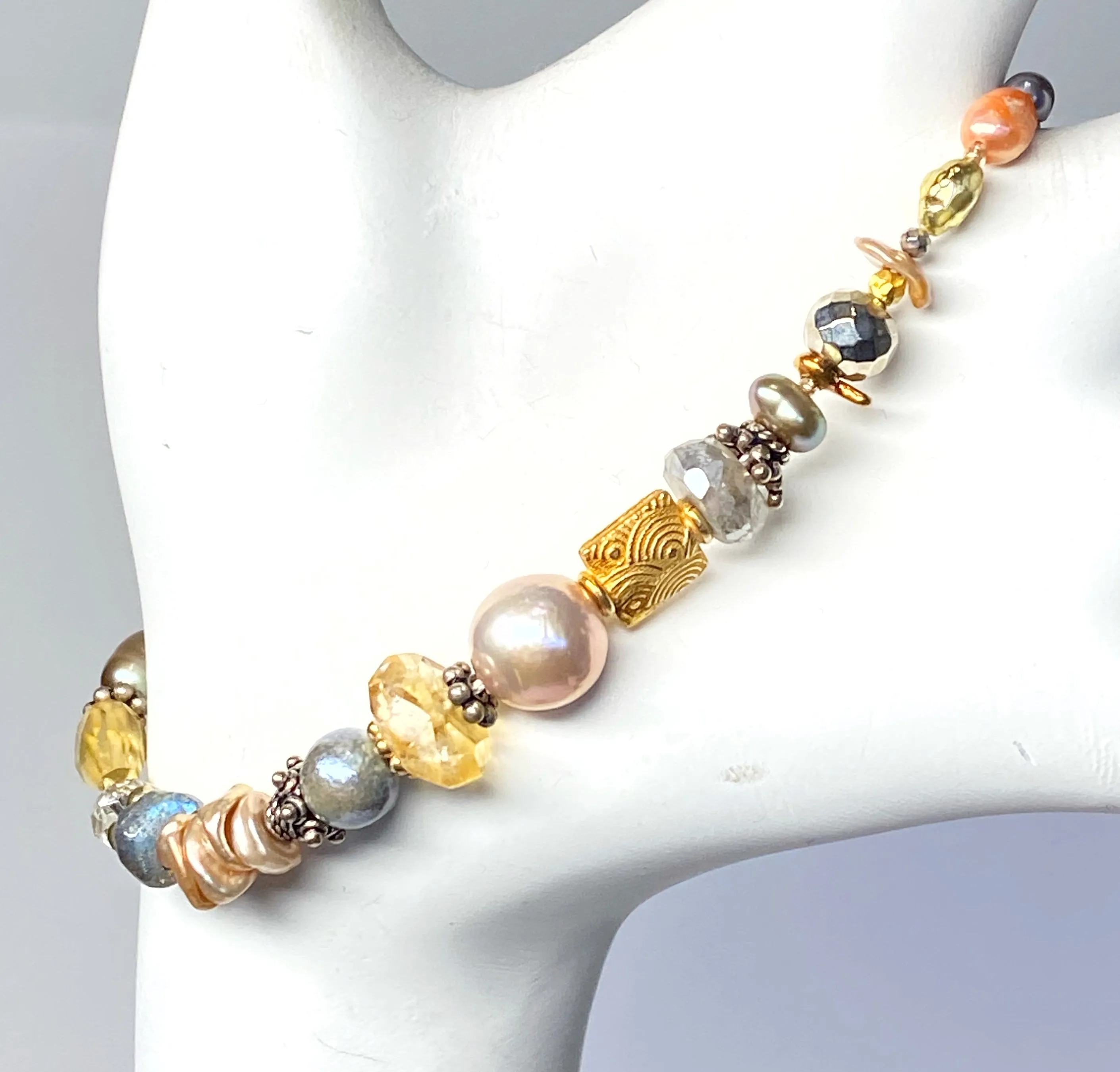 Citrine, Pearl, Labradorite Bracelet Gold and Silver, Mixed Metals