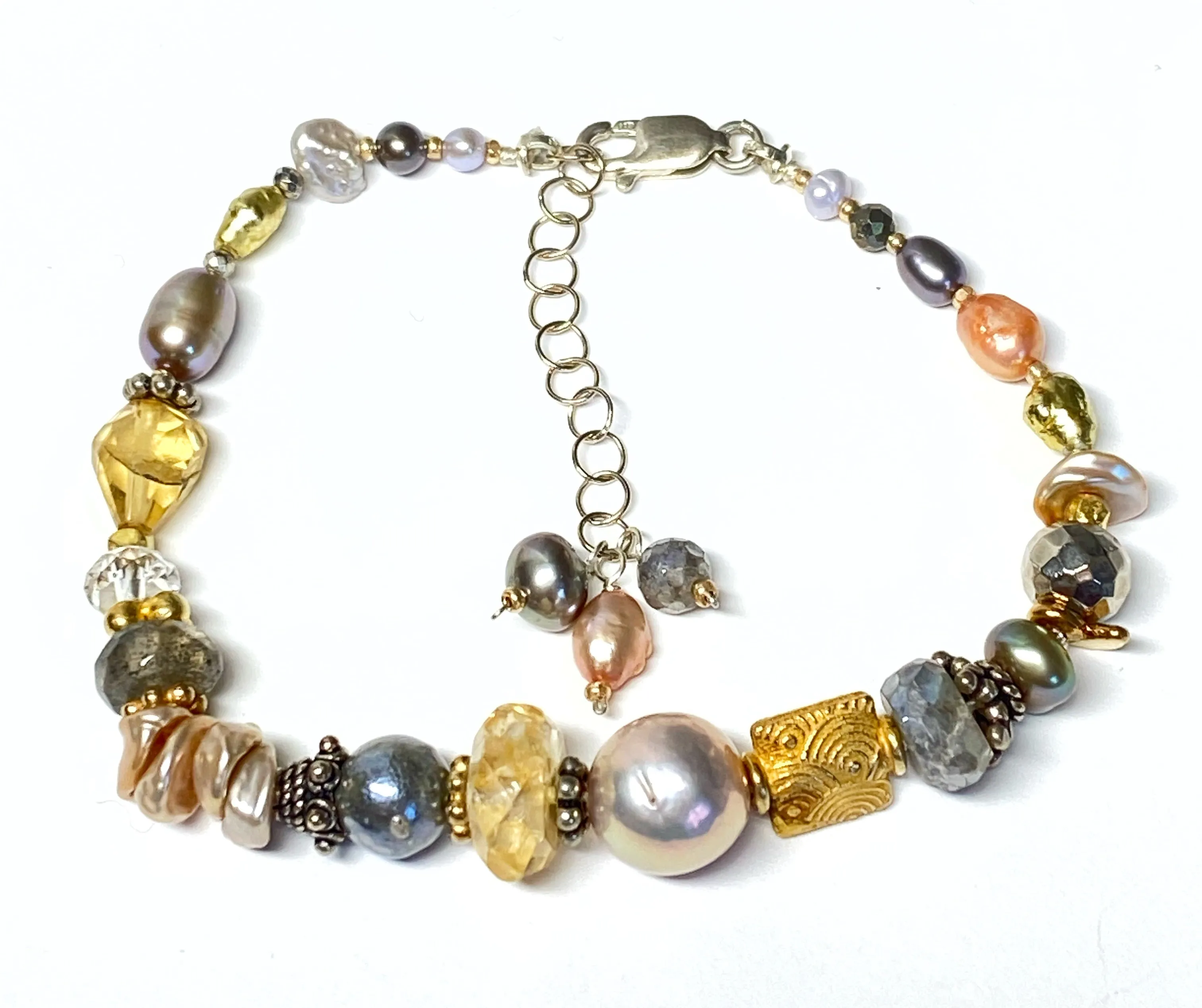 Citrine, Pearl, Labradorite Bracelet Gold and Silver, Mixed Metals