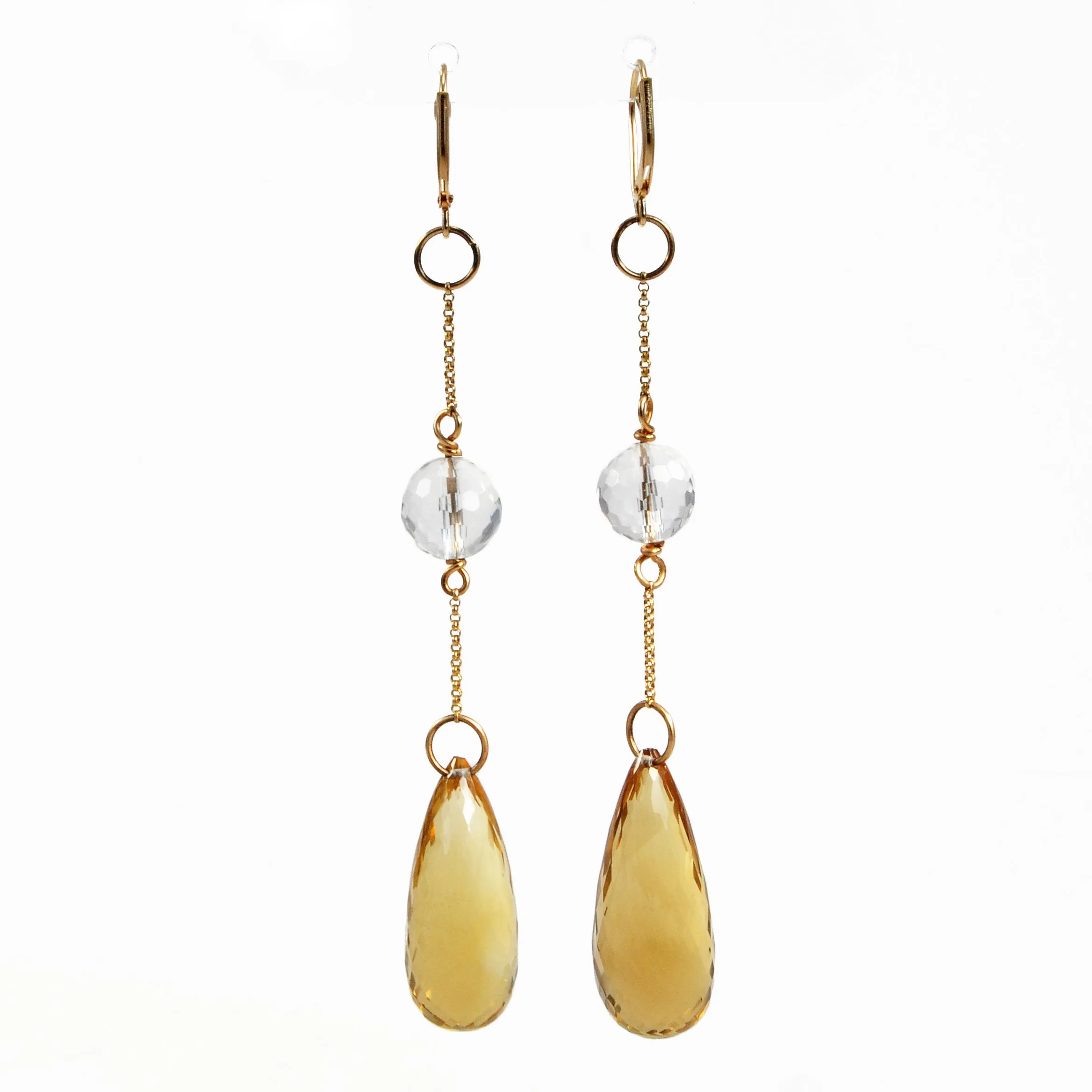 Citrine with Quartz 91.44mm 53.44 ct Faceted Briolette Handcrafted 14K Gemstone Earrings