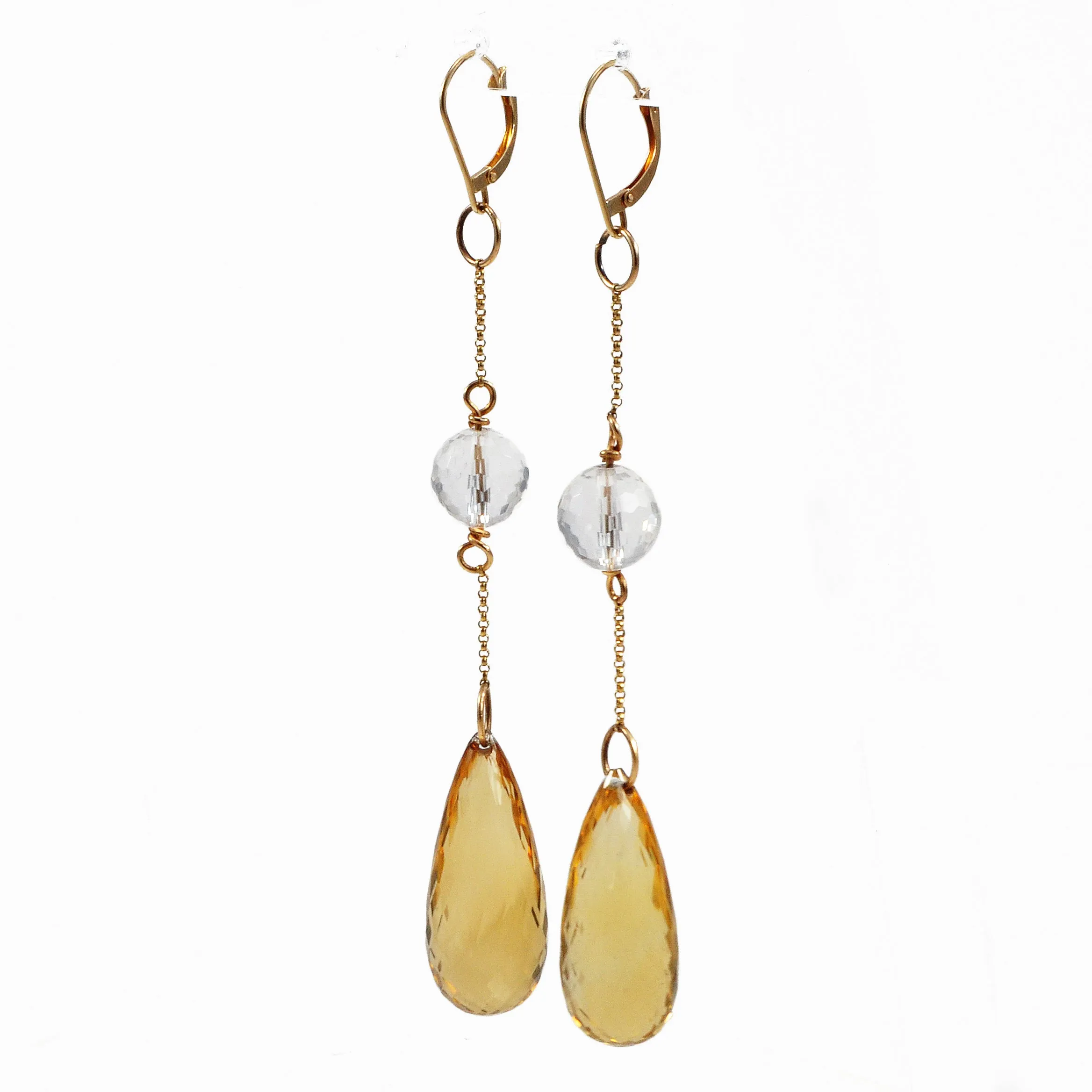 Citrine with Quartz 91.44mm 53.44 ct Faceted Briolette Handcrafted 14K Gemstone Earrings