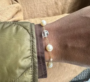 Clear Quartz & Swarovski Pearls Adjustable Bracelet For Women 61/2-81/2 Inches.