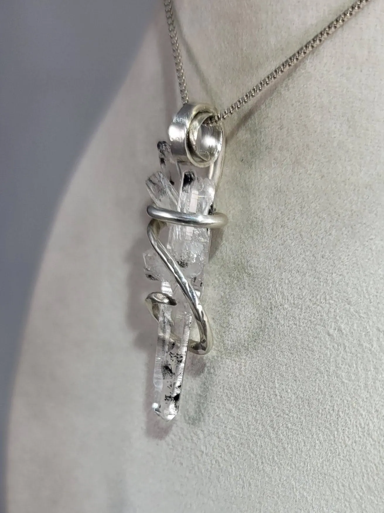 Clear Quartz Cluster Handmade Crystal Pendant Wrapped in Silver