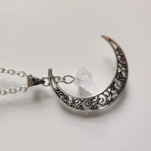 Clear Quartz Moon Pendant with Silver Chain