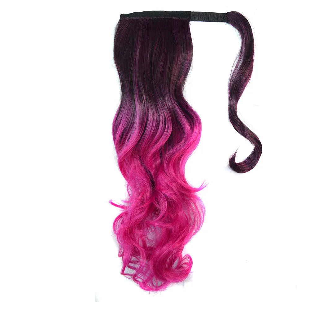 Colorful Ombre 2 Tone Cosplay Ponytail Hair Extension Body Wavy Fake One Piece Clip in Warp Around Magic Paste Pony Tail Choice of Colors