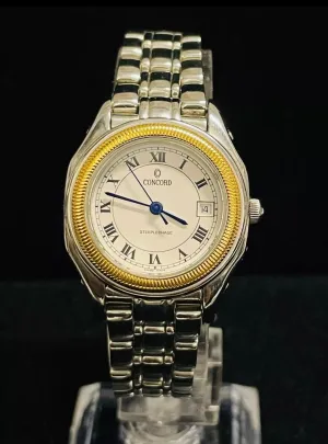 Concord Steeplechase 18k Yellow Gold & Stainless Steel Men’s Watch 37MM – White Enamel Dial, Date, Quartz