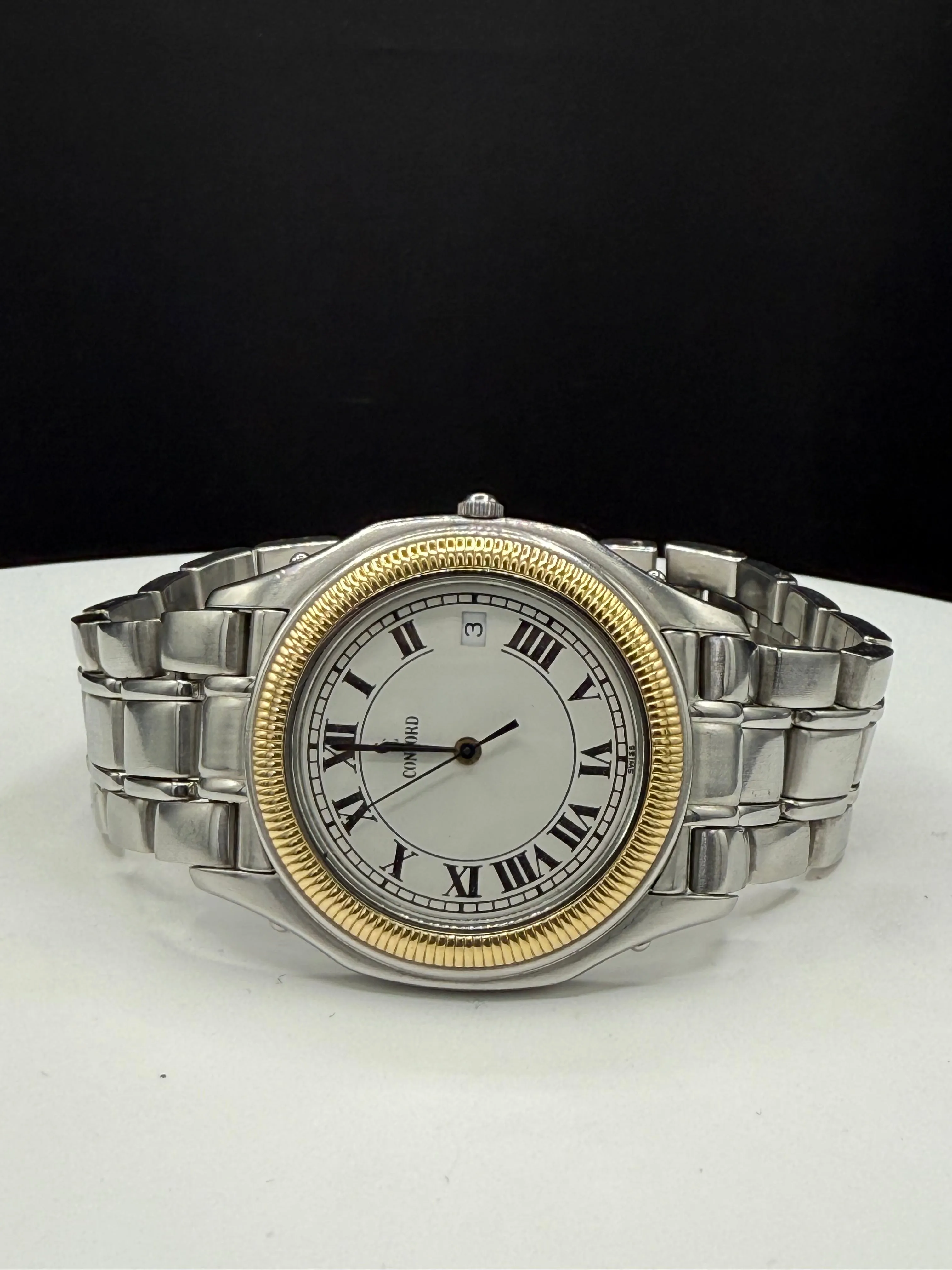 Concord Steeplechase 18k Yellow Gold & Stainless Steel Men’s Watch 37MM – White Enamel Dial, Date, Quartz