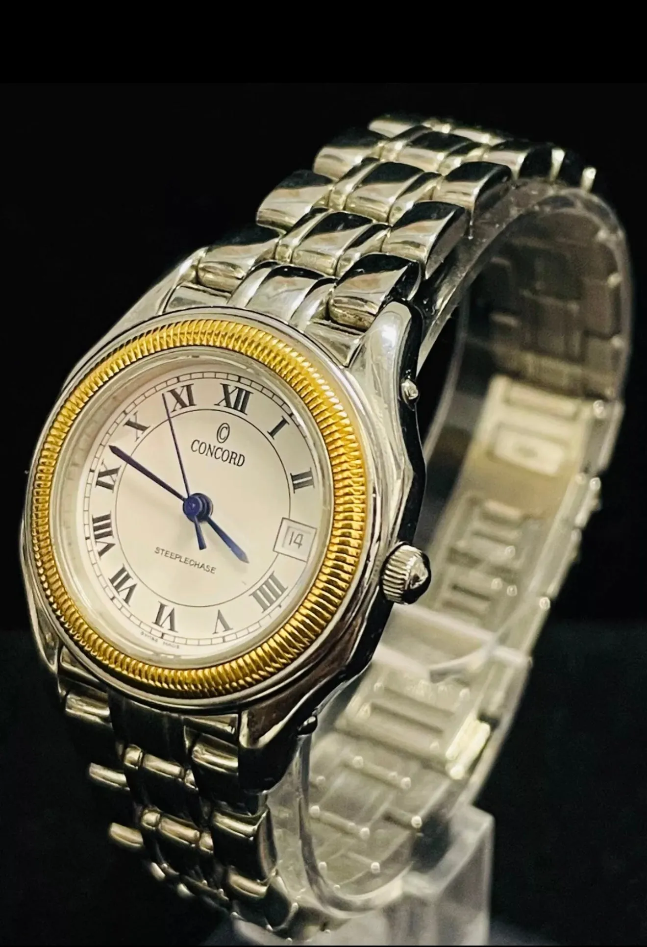 Concord Steeplechase 18k Yellow Gold & Stainless Steel Men’s Watch 37MM – White Enamel Dial, Date, Quartz