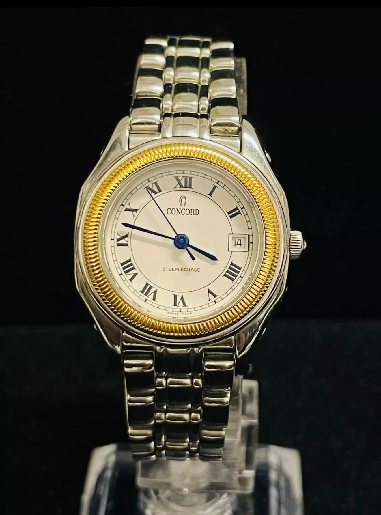 Concord Steeplechase 18k Yellow Gold & Stainless Steel Men’s Watch 37MM – White Enamel Dial, Date, Quartz
