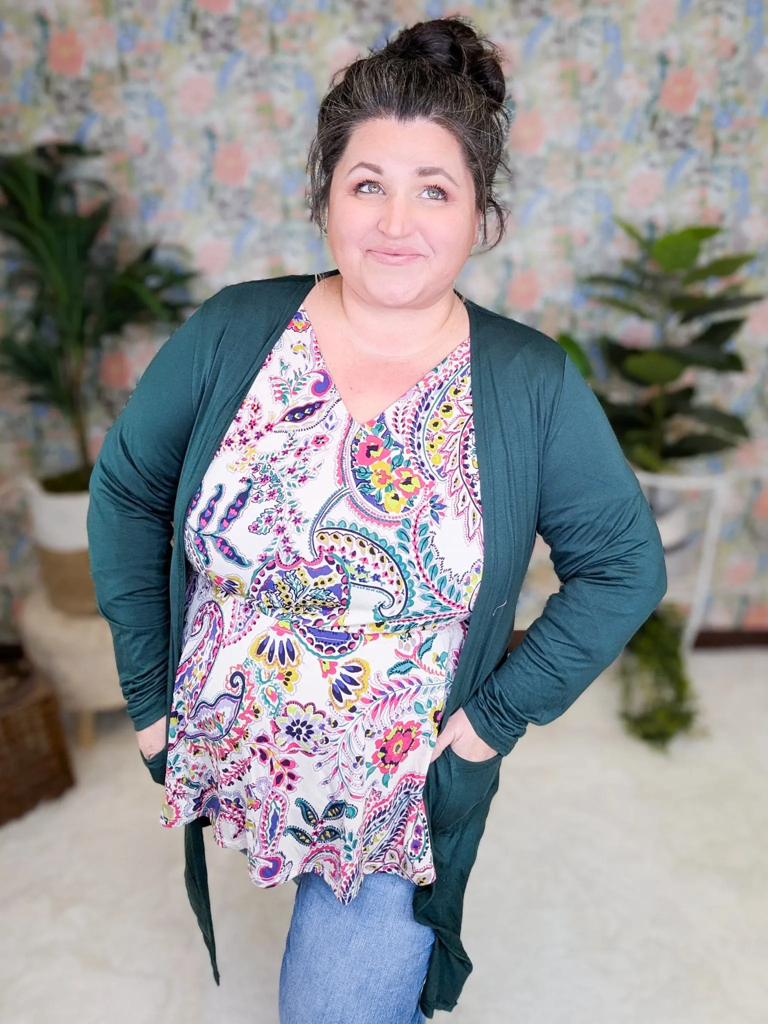 Contessa Double Vee Long Sleeve Top in Bright Paisley