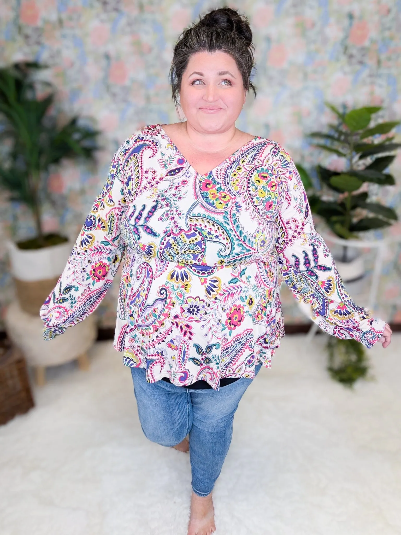 Contessa Double Vee Long Sleeve Top in Bright Paisley