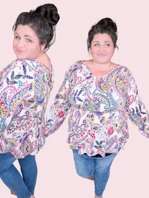 Contessa Double Vee Long Sleeve Top in Bright Paisley