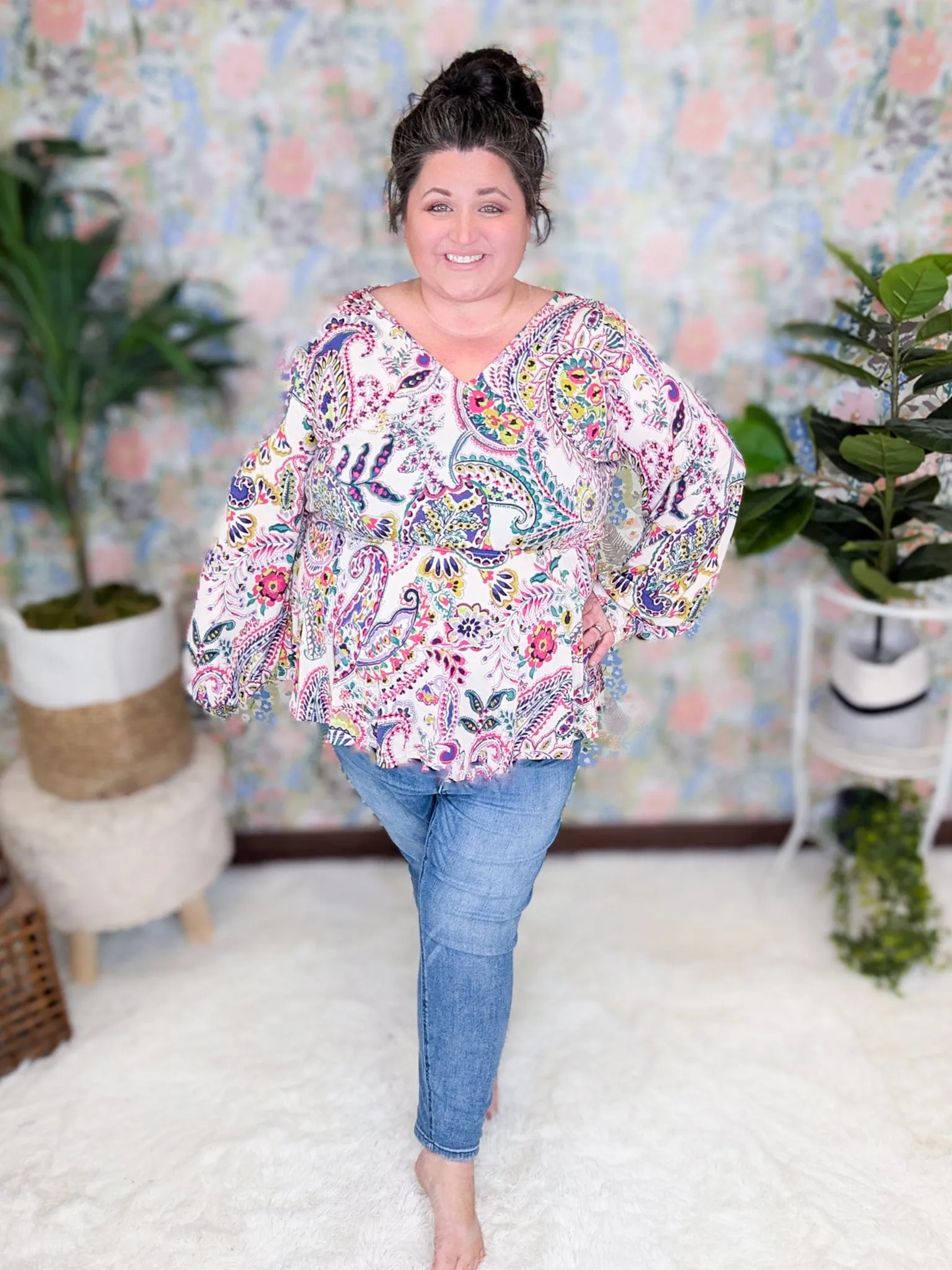 Contessa Double Vee Long Sleeve Top in Bright Paisley