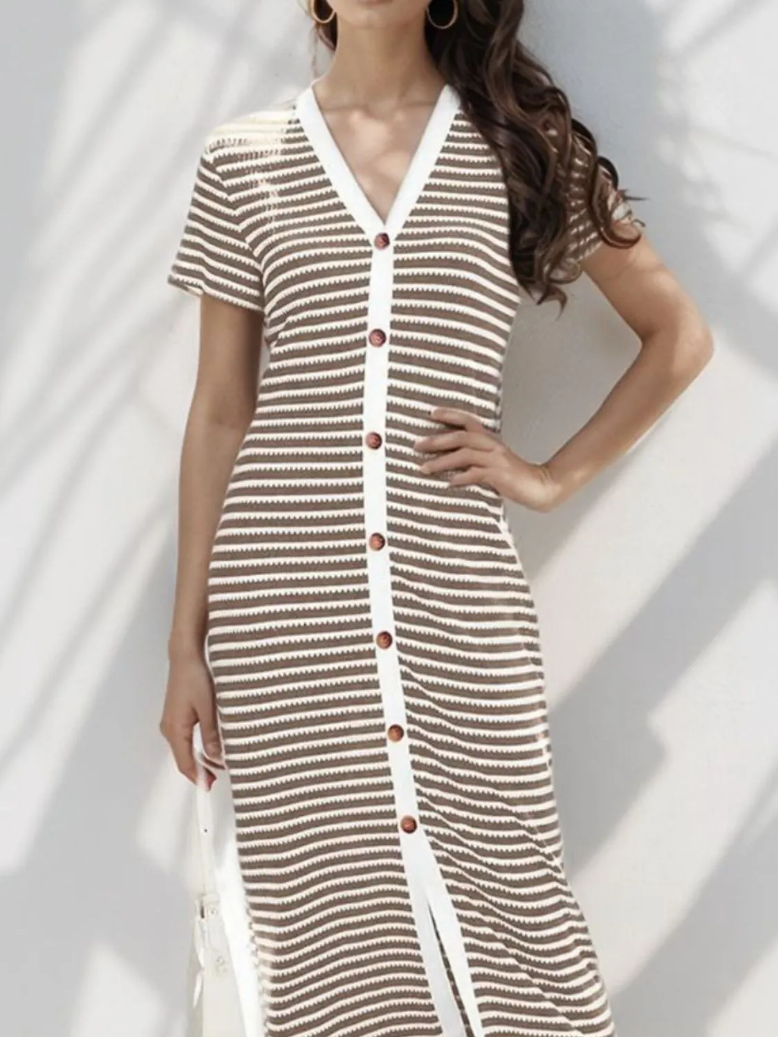 Contrast Striped V-Neck Short Sleeve Midi Dress