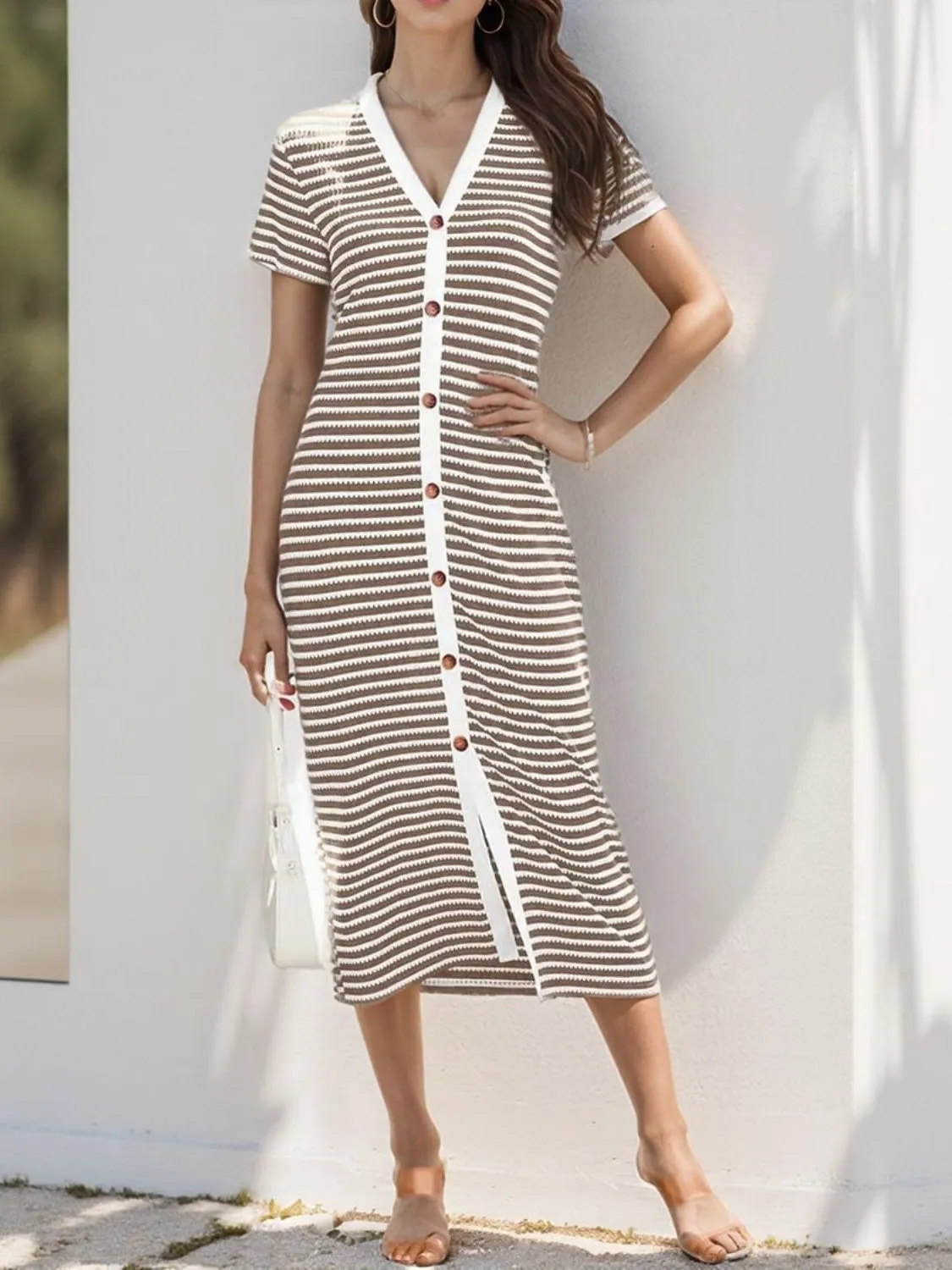 Contrast Striped V-Neck Short Sleeve Midi Dress