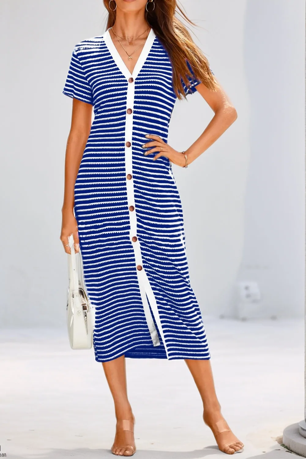 Contrast Striped V-Neck Short Sleeve Midi Dress