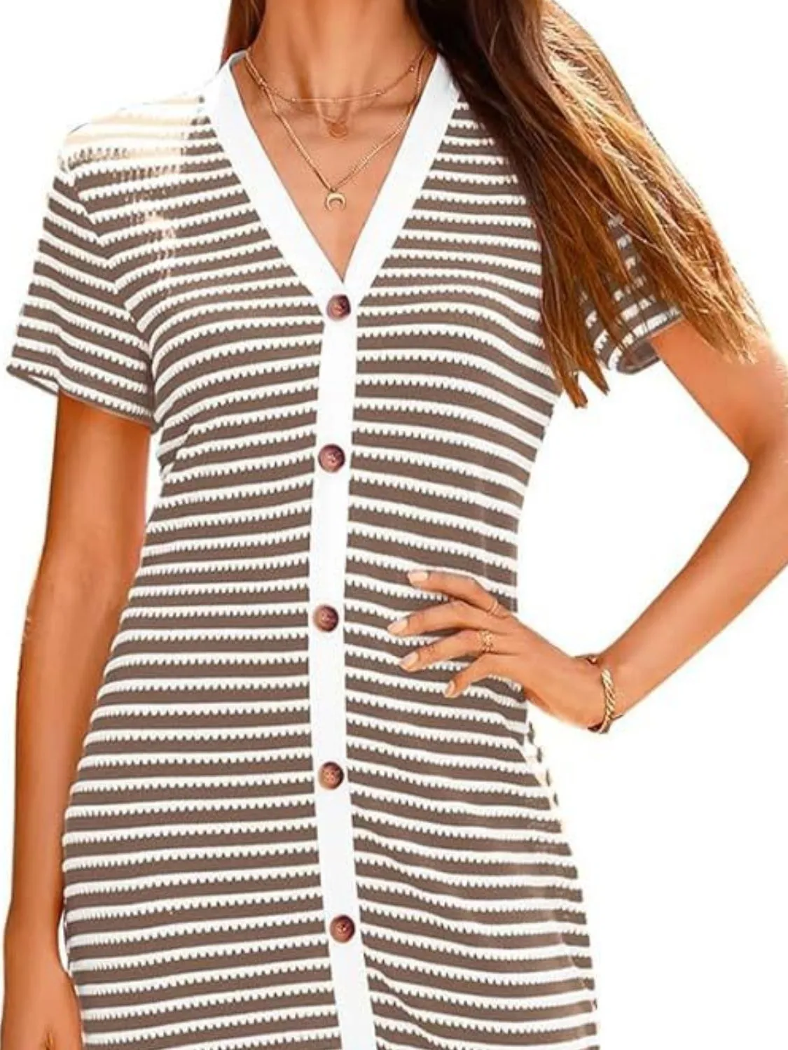 Contrast Striped V-Neck Short Sleeve Midi Dress