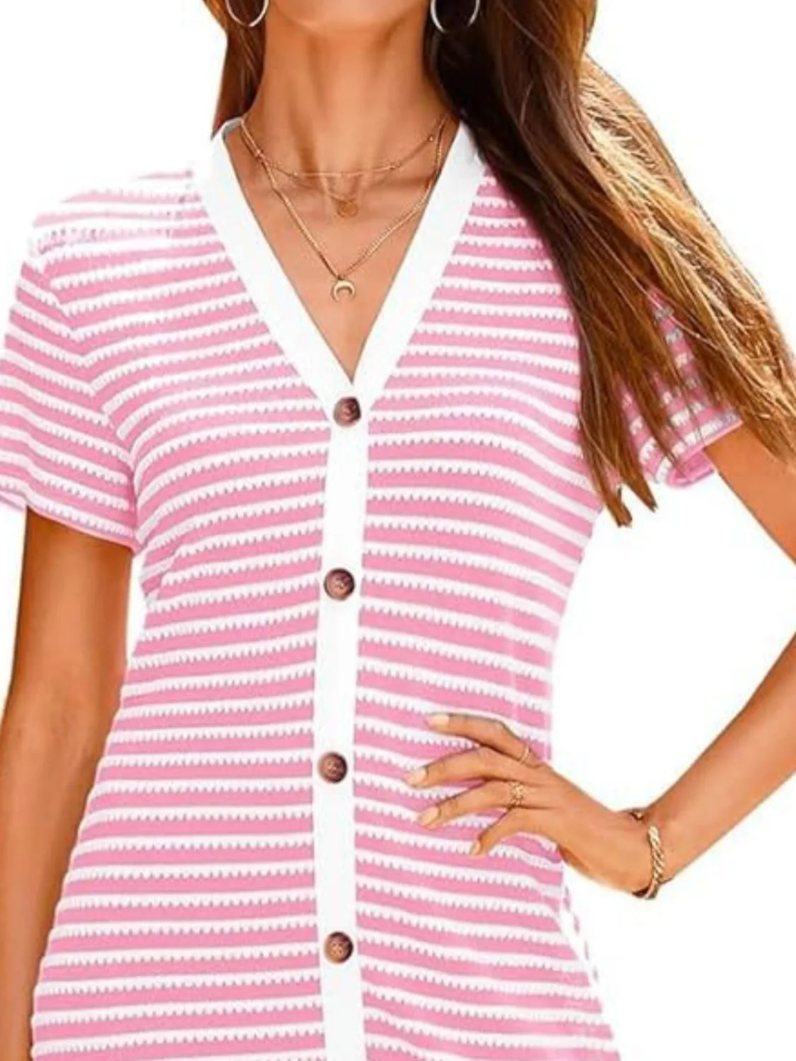 Contrast Striped V-Neck Short Sleeve Midi Dress