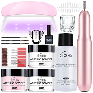 Cooserry Acrylic Nail Kit with Drill and UV Light - Acrylic Powder and Liquid Set with 2 in 1 Nail Glue, Long False Nail - Nails Kit Acrylic Set with 3 Colors Acrylic Powder for Art Nails Beginner
