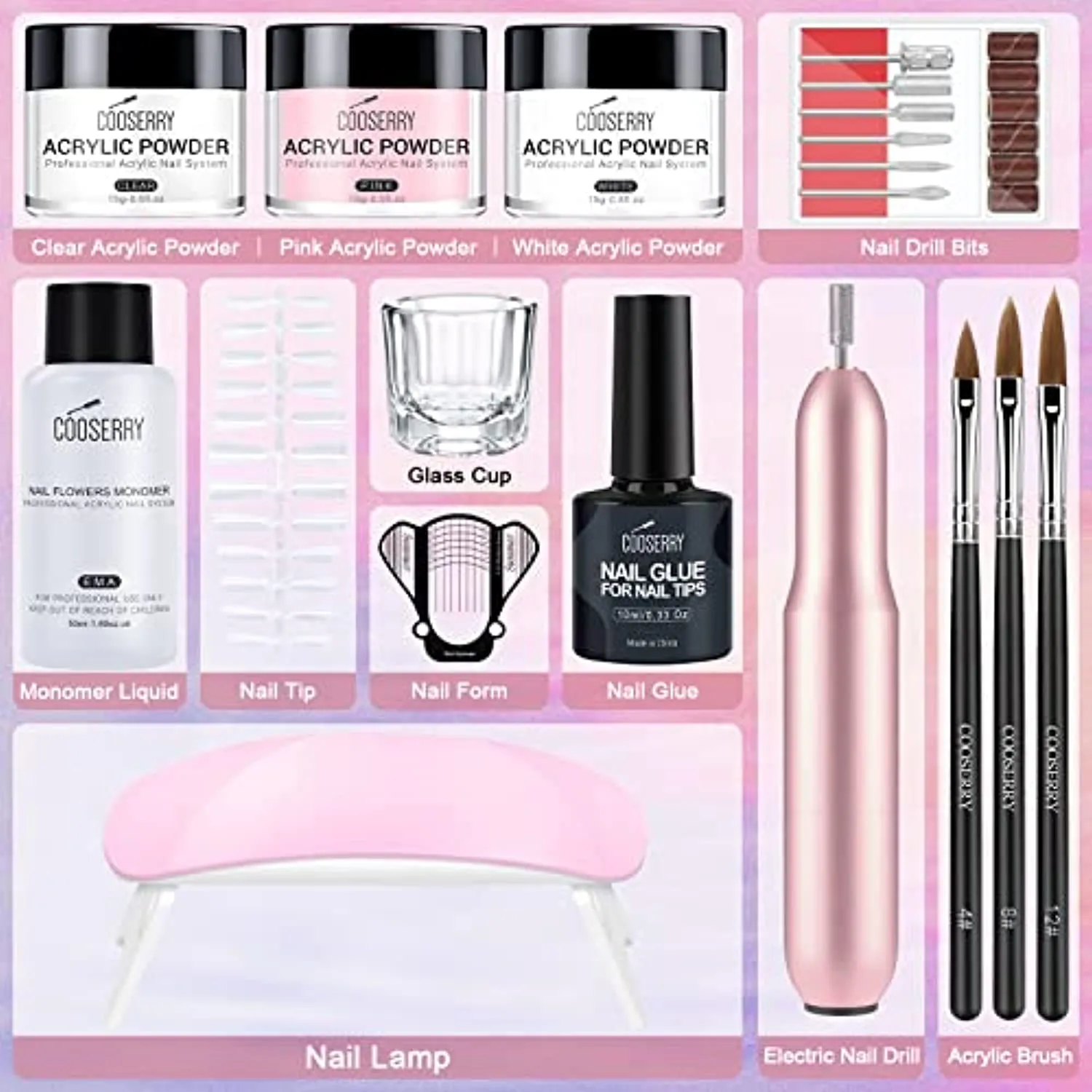 Cooserry Acrylic Nail Kit with Drill and UV Light - Acrylic Powder and Liquid Set with 2 in 1 Nail Glue, Long False Nail - Nails Kit Acrylic Set with 3 Colors Acrylic Powder for Art Nails Beginner