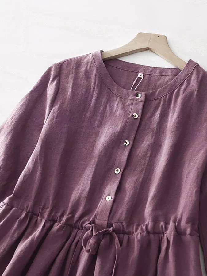 Cotton And Linen Medium Sleeved Artistic Retro Lace Up Dress