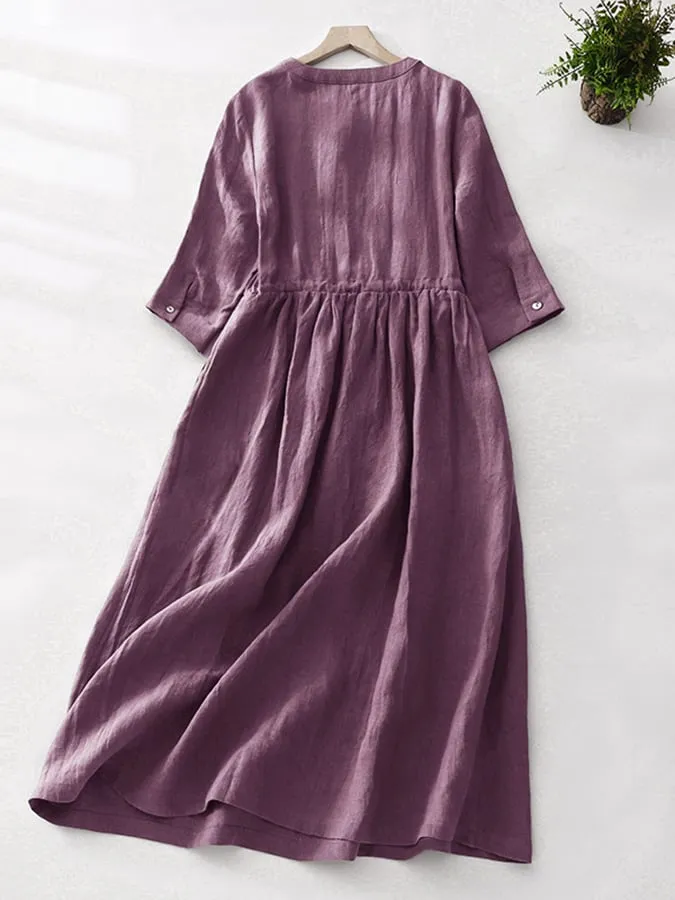 Cotton And Linen Medium Sleeved Artistic Retro Lace Up Dress