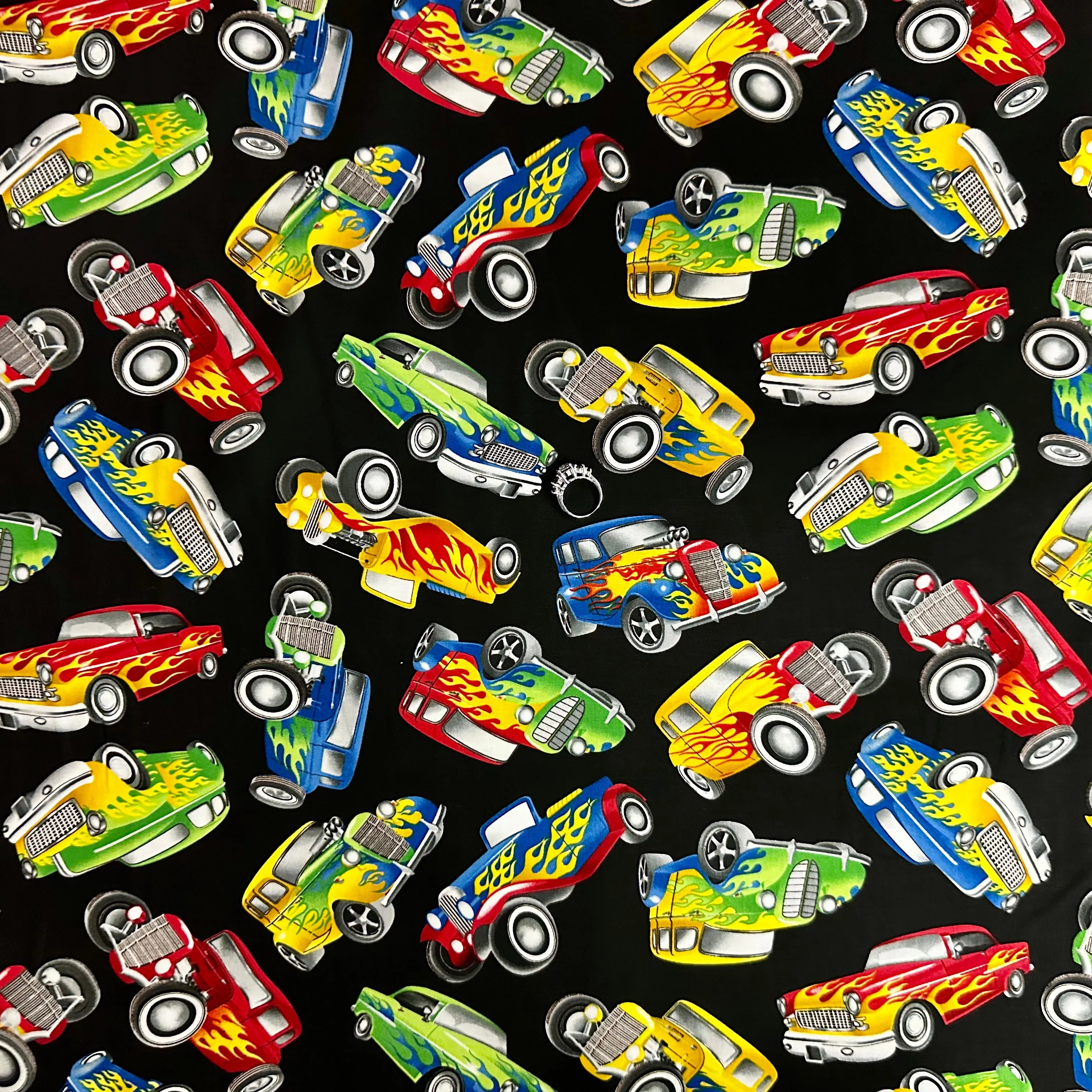 Cotton Fabric BTY Cars Painted Flame Hot Rod Old Antique