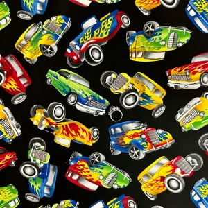 Cotton Fabric BTY Cars Painted Flame Hot Rod Old Antique